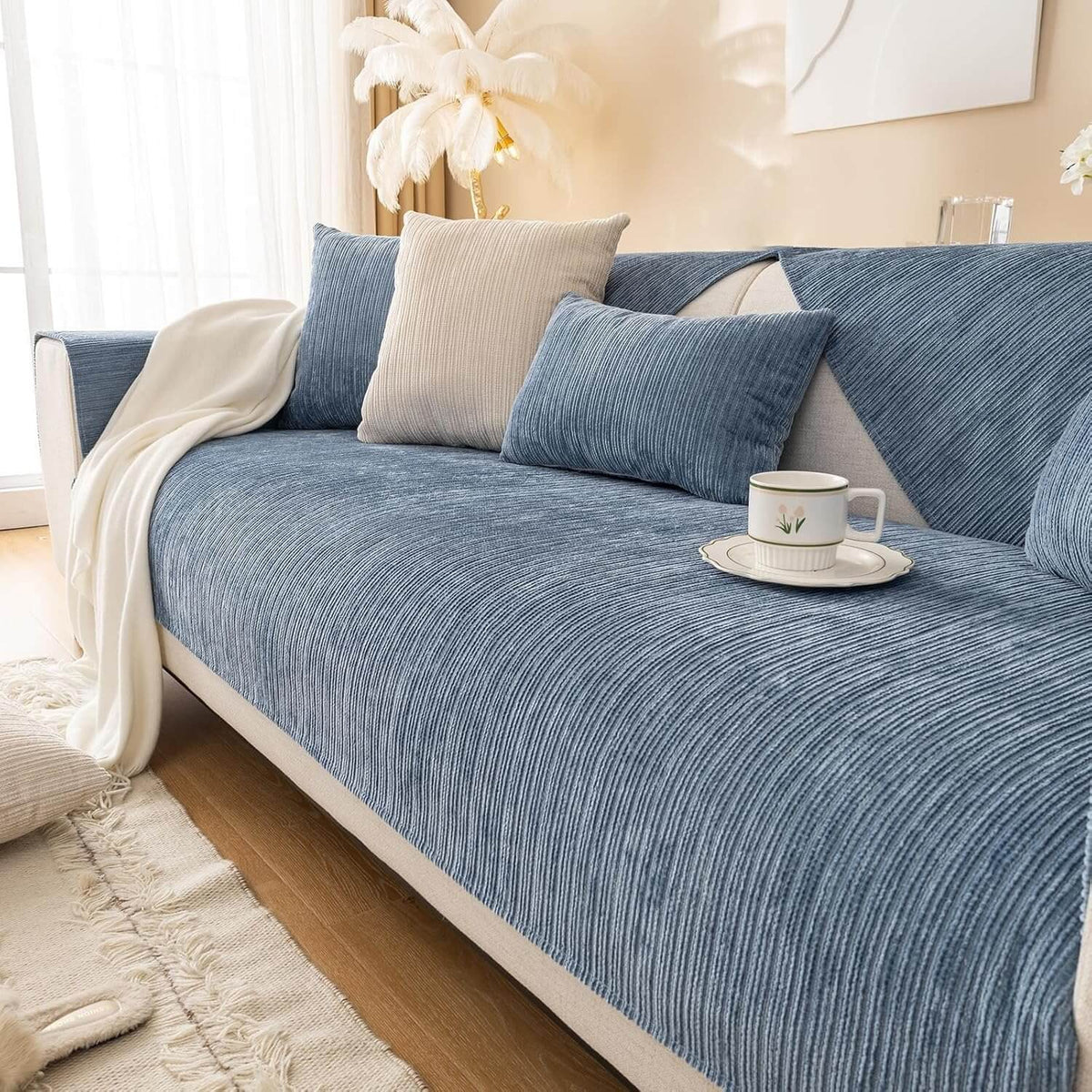 Chenille Striped Sofa Cover - Anti-Scratch & Non-Slip Couch Protector