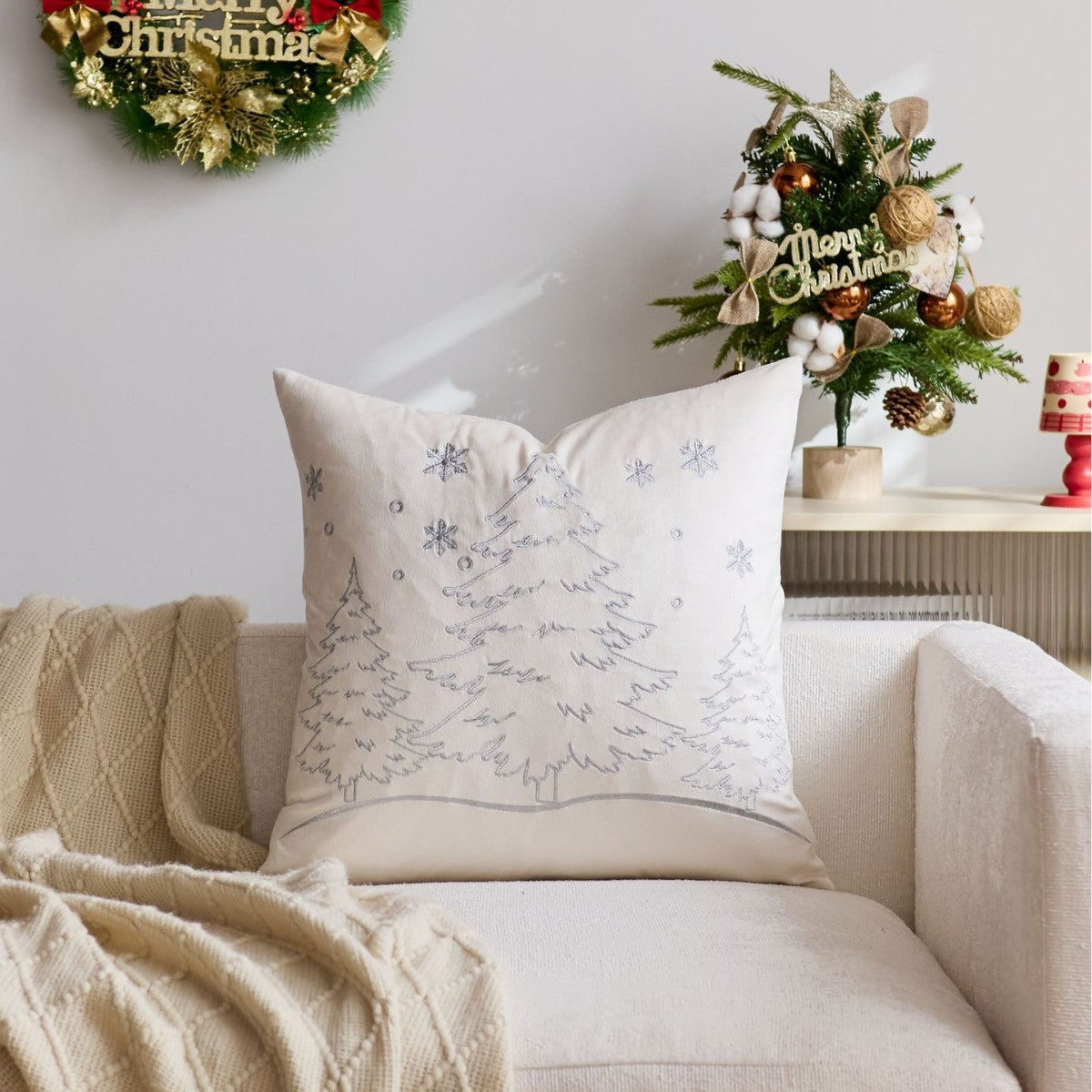 18x18 Inch Nordic Christmas Tree & Snowflake Embroidered Pillow Cover